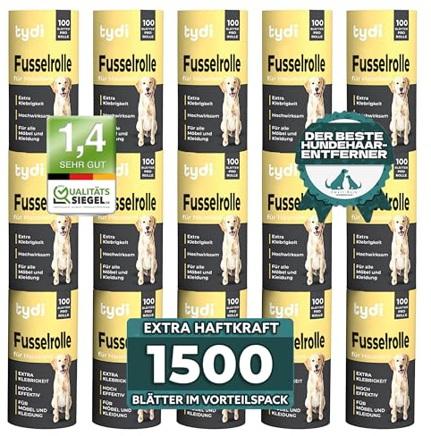 Tydi Fusselrolle Nachfüllrollen 1500 Blatt, 100 Blatt pro Rolle | Passend für Viele Gängige Fusselroller-Griffe · zum Entfernen von Tierhaaren