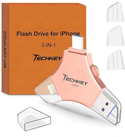 MFi-zertifizierter Flash-Laufwerk für iPhone / iPad, 256 GB, 3-in-1 externer Speicherstick für Bild, Video, Datensicherung, USB 3.0, High-Speed-Thumb/Jump/Festplatten, Rosa
