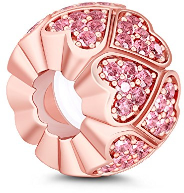 GNOCE Rosa süße Liebe Rose Gold Herzform Stopper 925 Sterling Silber Bead Charms mit Zirkonia Charm Schmuck für alle Armbänder Halsketten Geschenke Bijouterie für Damen