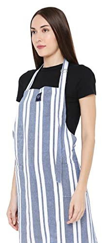 Encasa Homes Verstellbare Küchen Schürze mit Taschen und Handtuchhalter, 68x85 cm, recycelte Baumwolle, für Zuhause, Restaurant, Männer & Frauen, Kochen, Backen - Franca Blaue Streifen
