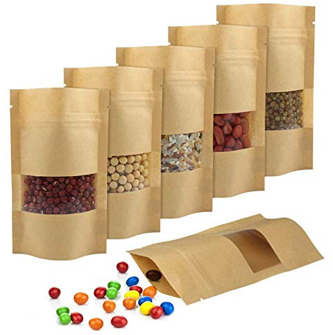 Kleine Kraftpapiertüten, 150 Stück, geeignet für Bonbon/getrocknete Blumen/Tee/Müsli, Beutel aus lebensmittelechtem Kraftpapier mit Reißverschluss/Fenster und Beutel aus lebensmittelechtem Kraftpapier