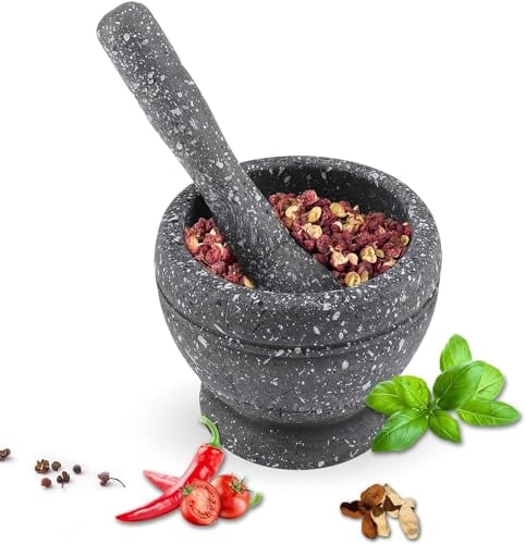 DeWIN Mortier Pilon Cuisine, Mortiers et Pilons Avec Base Antidérapante, Ensemble Mortier et Pilon Manuel (Gris)