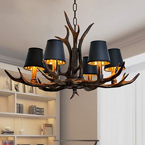 Vintage Pendelleuchte Esstischlamp American Ländliche Kronleuchter E14 Resin Geweihe Hängeleuchte Schwarzer Lampenschirm Hängelampe Retro Leuchte Bar Wohnzimmer Cafe Esszimmer Deckenlampe ,6 heads