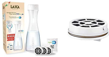 Laica BK31A Bottiglia Filtrante in Vetro Glassmart, 3 Filtri Fast Disk Inclusi, 360 Litri di Acqua Filtrata Istantaneamente+Filtro Fast Disk per Bottiglia Filtrante, Brevettato a Carboni Attivi