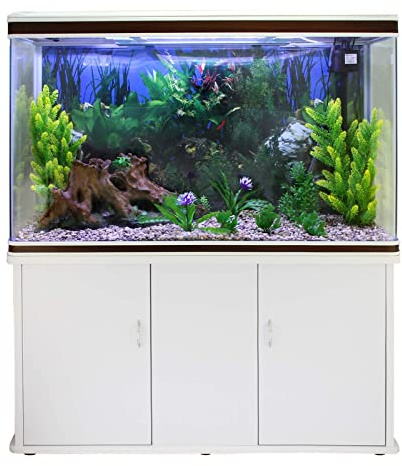 Monster Shop Large Fish Tank White 4ft 300L 65 Gal Aquarium Marine Tropical Saltwater Freshwater. White Cabinet Storage Stand. Natural Gravel. Filter, Air Pump, Heater, LED Light Tank Accessories…
