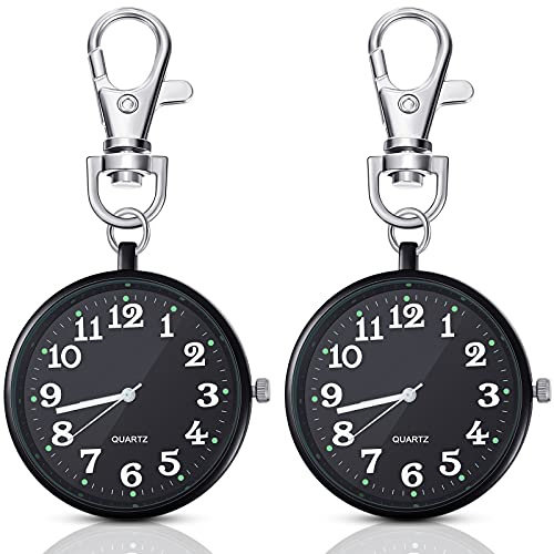 Junkin 2 Pieces Quartz Pocket Watch with Key Buckle Round Keychain Clip on Watch Portable Unisex(Black)