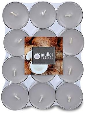 Müller 192 Duft Teelichter - Kokos - 4 Stunden Brenndauer - Ø39 mm - Farbe Grau - Premium Coconut Island Duftkerzen - Gegossenes Wachs - RAL Qualität