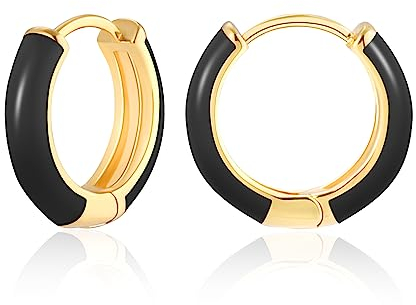 MESOVOR Kleine Goldene Creolen für Damen, 18 Karat Vergoldete Leichte Huggie-Ohrringe | Hypoallergene Emaille-Ohrringe Geschenke für Mädchen (Schwarz)