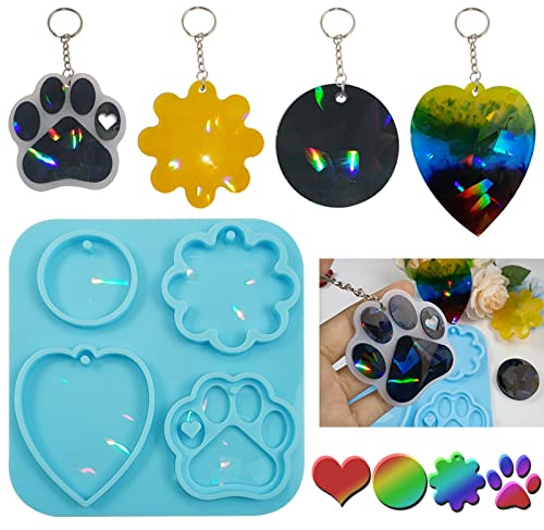 papasgix Resin Silikonform Epoxidharz Formen Schlüsselbundform Holografisch Effekt DIY Harz Silikonformen für Schultasche Weihnachtsbaum Anhänger Schlüsselanhänger Katzenpfote Blumen Herz Form