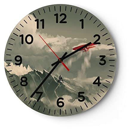 Modern Wanduhr Rot Flugzeug Berge 40x40cm Rund Groß Wand Uhr Glas Analog Zimmeruhren Küche Büro Wohnzimmer Glasuhr Wall Clock Dekoration Design Wanddekoration Küchenuhr C4AR40x40-4854