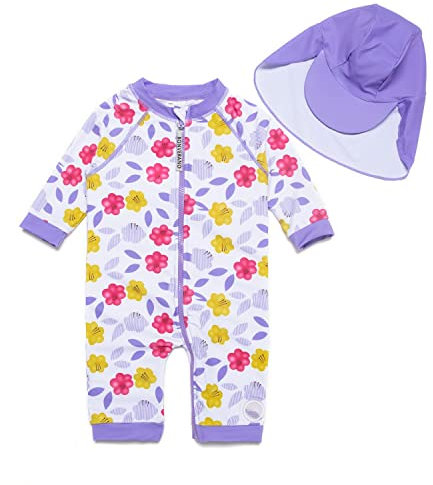 ADAVERANO Baby Mädchen Badebeklideung/Sonnenanzüge UV50+ In einem Stück Durchgehender Reißverschluss vorne mit Sonne Hut.(Gelbe Blüten,98-104Cm)