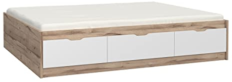 Ángele - Cama doble Queen Size 160 x 200 cm con 3 cajones de almacenamiento, color roble natural y blanco mate