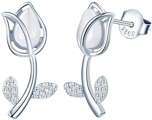 INFINIONLY Kreative Tulpen Ohrringe, 925 Sterling Silber Ohrringe für Damen Mädchen, Zarte Rosen mit Katzenaugensteinen und Zirkonia Ohrstecker, Hypoallergen Ohrschmuck