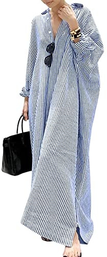 utcoco Womens Striped Long Sleeve Dress Casual Loose Button Down Cotton Maxi Shirt Dress