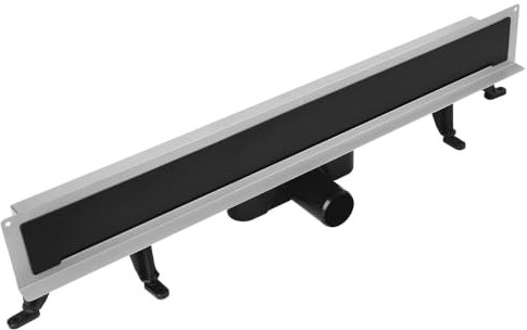 VOGI Caniveau de douche en acier inoxydable - Kit complet d'écoulement mural - Plaque en acier inoxydable avec finition noire - Tamis à cheveux avec siphon - Pieds de montage inclus - Siphon de sol à