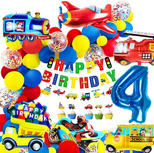 iZoeL Geburtstagsdeko Jungen 4 Jahr Folienballon Kindergeburtstag Deko Feuerwehrfahrzeuge Truck Happy Birthday Banner Girlande Cars Motorrad Luftballons Tortendeko 32pcs Ballons Kindergeburtstag Party
