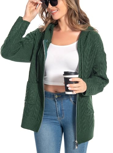 shineflow Mittellange Cardigan mit Kapuze,Strickjacke Damen Zopfmuster Oversized Grobstrick, Einfarbige Pullover,Cardigan mit Fronttaschen und Reißverschluss (Dunkelgrün,XL)