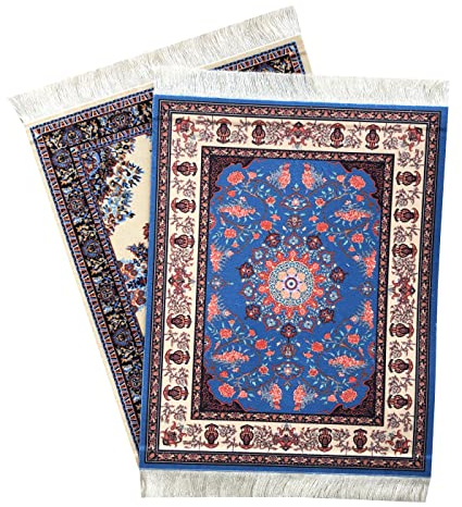 Samsrainbow Set of 2 Carpet Mouse Pads – Office Accessories – Oriental Mini Carpet Computer Accessories, Beige and Blue