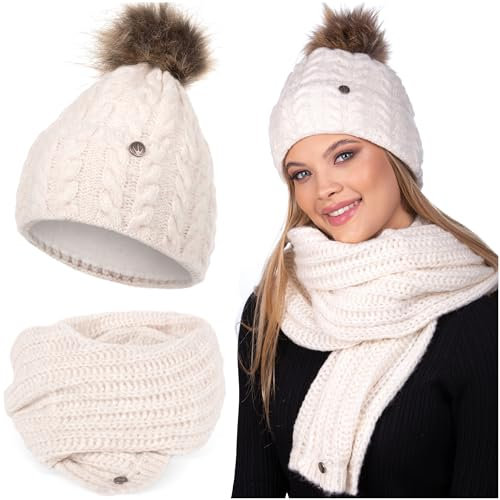 HEYO Damen Set Mütze Weiche Wintermütze mit Kunststoffbommel Leicht Winterschal Schal Halswärmer Bommelmütze Beanie Strickmütze gefüttert Winterset Damenschal (Ecru)