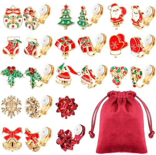 Otuuz 12 Pares de Pendientes de Clip Navideños para Mujer Chica Set de Aretes de Clips sin Perforación de Aleación Colgantes de Guantes Copo de Nieve Campana Papá Noel Árbol de Navidad Regalo de Joya