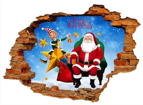 2-teilige 3d Zerbrochene Wand Elch Weihnachtsmann Wandaufkleber, Wohnzimmer, Kinderzimmer, Weihnachtsdekoration, Selbstklebende Papiertapete, 50 Bis 70cm