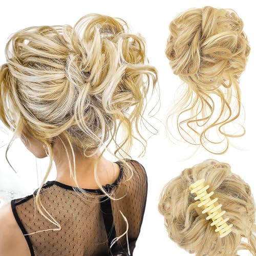Postiche Chignon Désordonné,Chouchou Postiche Ondulé Faux Chignon Chouchou Bouclés Ou Chignon Décoiffé Postiche avec Chouchou élastique pour Femmes avec Corde à Cheveux épingle à Cheveux,Blonde,45g