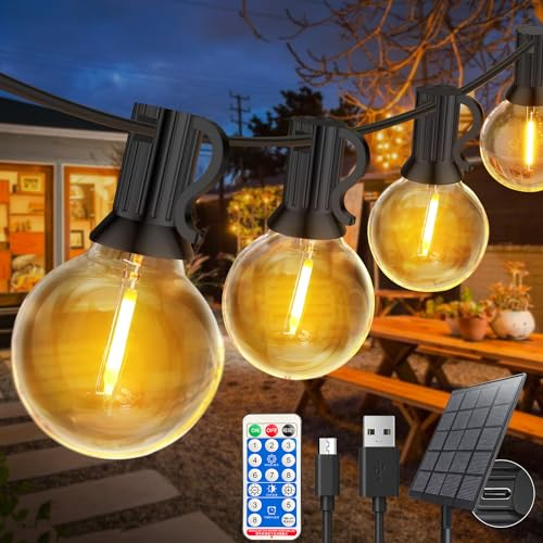 FUKOOLE 15M Solar Lichterkette Außen mit 25+1 G40 LED Glühbirnen, Lichterkette Außen Solar Wetterfest mit USB/Solar-Lademethode, 8 Modi, IP65 Wasserdicht Lichterketten für Garten, Terrasse, Hochzeiten