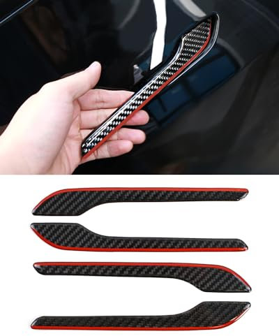 KKTR-CAR Door Handle Cover, Real Glossy Carbon Fiber Door Handle Trim Protector Set Compatible with Tesla Model 3 2017-23/ Model y 2019-2025 Black and red with drip (4 Pieces)