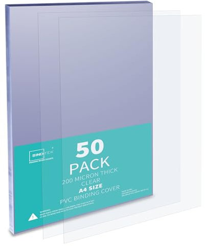 Binditek A4-Bindungshüllen, PVC, transparent, quadratische Ecken, ungelocht, Büro- und Schulbedarf, 200 Mikron, 50 Stück