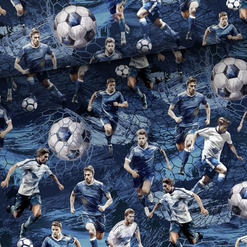 Herz Stoffe Österreich Keine Meterware, Stoffe zum Nähen für Kinder, 100% Baumwolle: 1m Premium Baumwollstoff mit Fußballspieler auf blau - Junge Fußball Kinderstoff, 987258