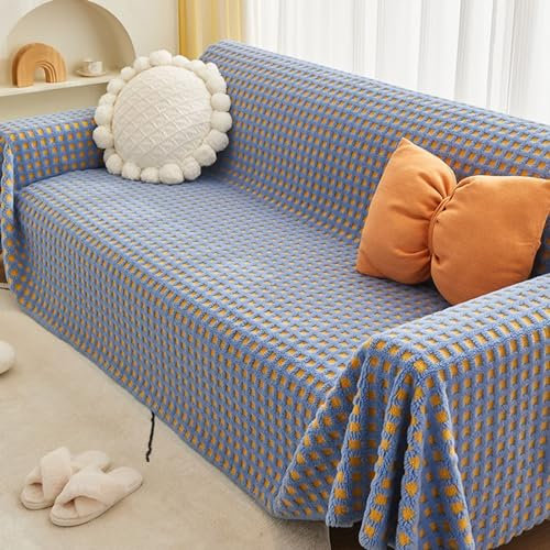 AMDXD Sofaüberwurf, Gitter Muster Sofa Überzug Zweisitzer, rutschfeste Sofahusse in Plüsch für Wohnzimmer - 180x150CM, Blau