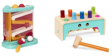 Battat – Pound & Roll Baby Activity Toy Station with 4 Balls & 1 Hammer for Kids 12 Months & Up – Wooden Pounding Bench with Pegs & Mallet, Multicolored