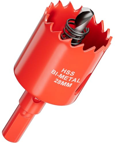 Lochsäge Bohrkrone 28mm aus HSS Bimetall - Hochleistungs Lochfräse und Lochkreissäge mit Dreieckgriffadapter und Zentrierbohrer für Holz, Kunststoffe, Metall, Trockenbauwände, Rigips und Kaminrohre
