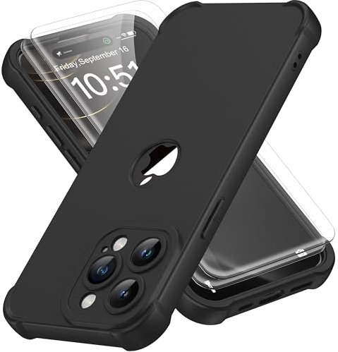 ORETECH for iPhone 15 Pro Max Case 6.7 inch, with [2 Pack Screen Protector] [Camera Lens Guard] [15FT Military Grade Drop Test] 360° Shockproof Slim Fit Design Rubber Bumper Phone Cover - Black