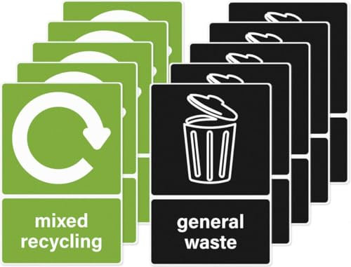 Viojrlly Paquete de 10 Pegatinas de Papeleras de Reciclaje, Pegatinas de Residuos Generales Resistentes al Agua Señales de Reciclaje Mixtas Removibles Para Cocinas al Aire Libre