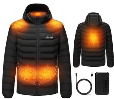 HEWINZE Beheizbare Jacke Herren mit kapuze,Warme Pufferjacke Herren mit akku 7.4V,Doppelschaltersteuerung Winterjacke für Outdoor Wandern Jagd Motorrad Camping.