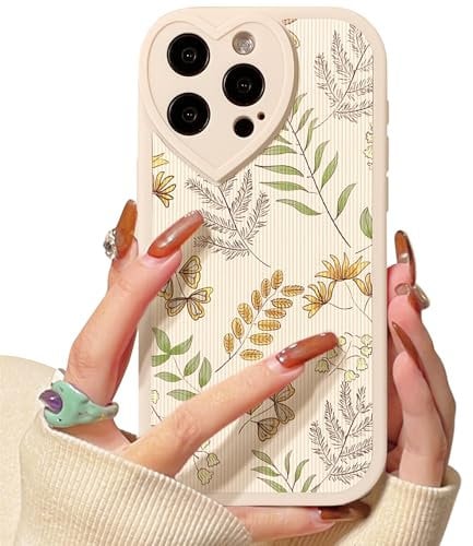 NITITOP Compatible for iPhone 14 Pro Case Cute Leaves with Love Lens Bumper Protector for Girls Women Soft TPU Shockproof Protective Girly - Leaves