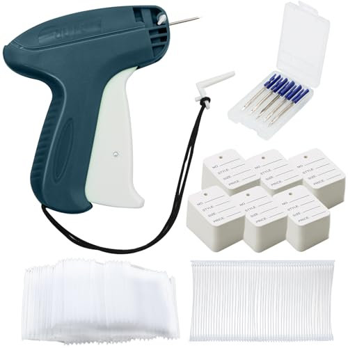 VEGCOO Etikettierpistole, Etikettierpistole Kleidung Preisauszeichner Etikettiergerät mit 5 Ersatznadeln + 3000 Schuss 5 cm Plastiknadeln + 300 Kleidungsetiketten 3,5 * 5 cm (Dunkelgrün)