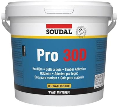 Soudal Pro 30D Water Resistant Timber Wood Glue Adhesive PVA Fast Dry White 5kg Bucket Waterresistant PVAc, Solvent Free, Fast, D3, Ready-to-Use PVAC-Based