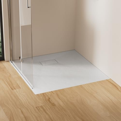 EMKE Duschwanne 90x90 cm Duschtasse Flach SMC Rutschfeste Brausewanne Weiß Höhe 2.6 cm Steinoptik Duschwannen Ablaufgarnitur 90 mm