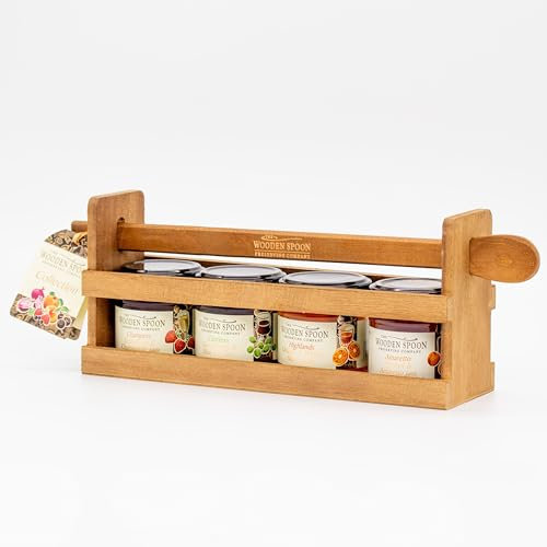 Luxury Tippled Jam Gift Set, 4 Boozy Preserves (Strawberry & Champagne, Apricot & Amaretto, Gooseberry & Sloe Gin, Orange & Whiskey) 4 x 113g in Wooden Rack