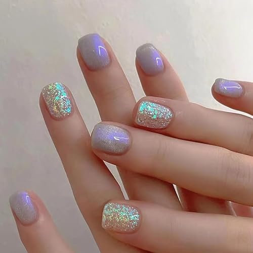 JUSTOTRY 24 Stück Aurora Nägel Zum Aufkleben Kurz,Lila Eckig Press on Nails Pattern,Glossy Gold Glitter Kunstnägel Fake Nails Mittel,French Square Fingernägel Künstliche Nägel für Frauen