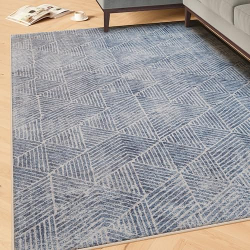 Machine Washable Blue Geometric Cotton Large Rugs Modern Stain Resistant Liquid Repellent Living Area Bedroom Rug 240cm x 330cm (7ft 10 x 10ft 10)