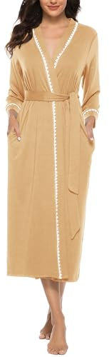 Vlazom Womens Dressing Gown Soft Kimono Robe V-Neck Long Knit Bathrobe Nightwear Sleepwear for All Seasons, Beige, L