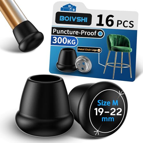 Ø22-25mm Metal Chair Leg Floor Protectors - Puncture-Proof Rubber Chair Leg Caps - 16 Pcs Round Black Covers - Small Rubber Feet Tips Ferrule Stopper