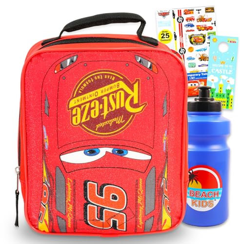Disney Lonchera de coches para niños, paquete con bolsa de almuerzo aislada Lightning McQueen más tatuajes, botella de agua, tatuajes, más | Juego de suministros escolares de Disney Cars