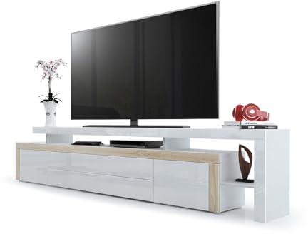 Vladon TV Board Lowboard Leon, Korpus und Überbau in Weiß matt/Front in Weiß Hochglanz mit Rahmen in Eiche sägerau (227 x 52 x 35 cm)