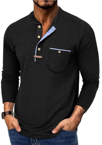Camiseta Interior Pico Hombre Manga Larga Camisetas Tecnicas con Botones Henley Cuello Mao Negro Camisas Camisa Slim Fit Gimnasio Manga Larga Camisola Homem L Ropa Termica Hombre Negro L