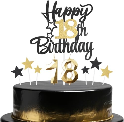 Black Gold 18th Birthday Candles Cake Toppers Set,18th Birthday Decorations for Boy,Golden Number 18 Candle for Cake,Gold Candle Black Star Cupcake Toppers for Girls Boys Birthday Party Supplies