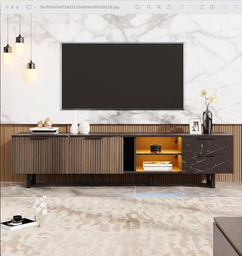 NADEUSAK Mobile TV, 50 x 200 cm, con effetto marmo nero, porte in legno scuro, illuminazione, due ante e due cassetti